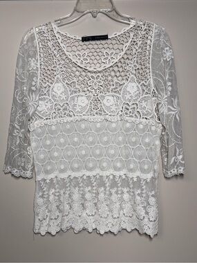 Zara White Crochet & Lace Sheer Blouse
